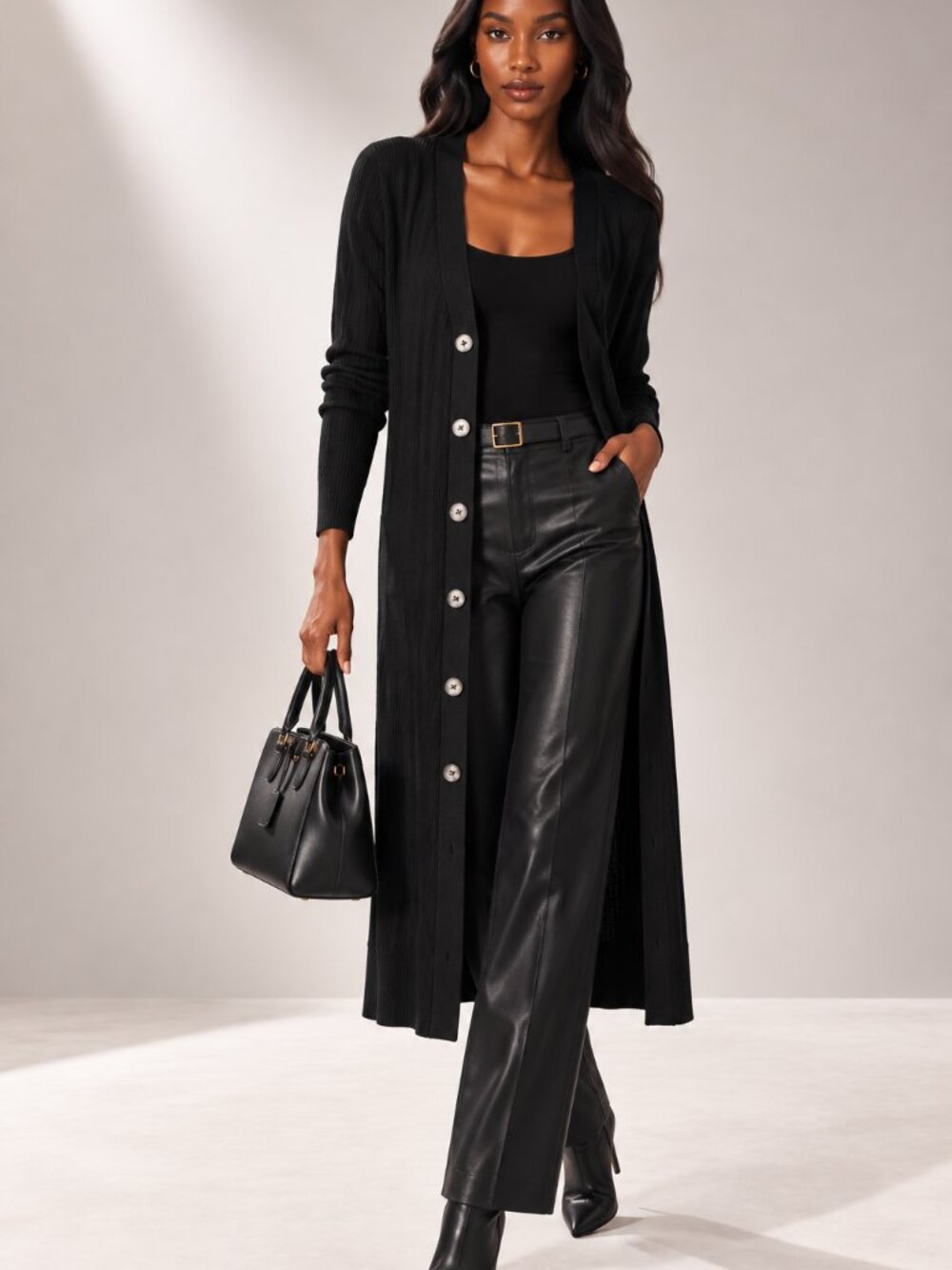 LOFT Ribbed Button Front Cardigan Duster Classic Black Size M NWT